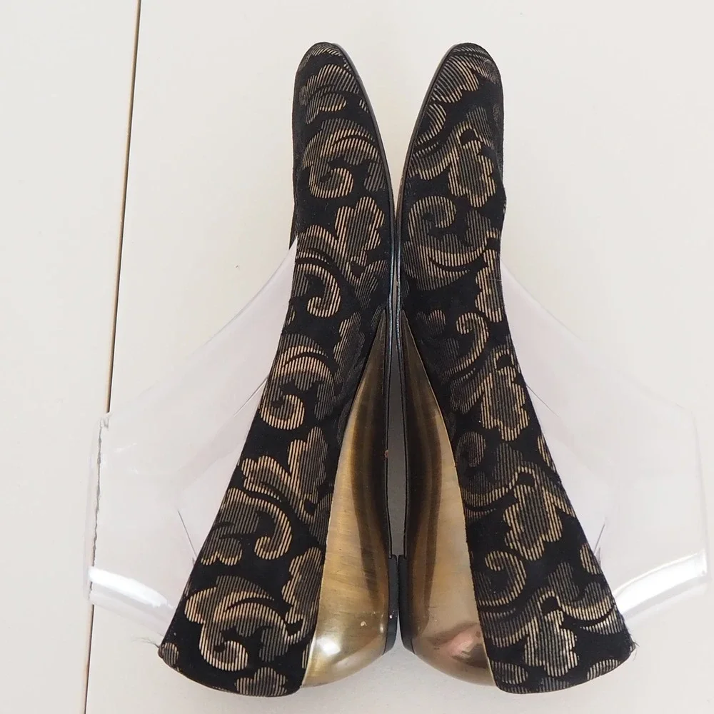 Salvatore Ferragamo Wedges Womens 5.5 Black Gold Brocade Low Heel Made in Italy